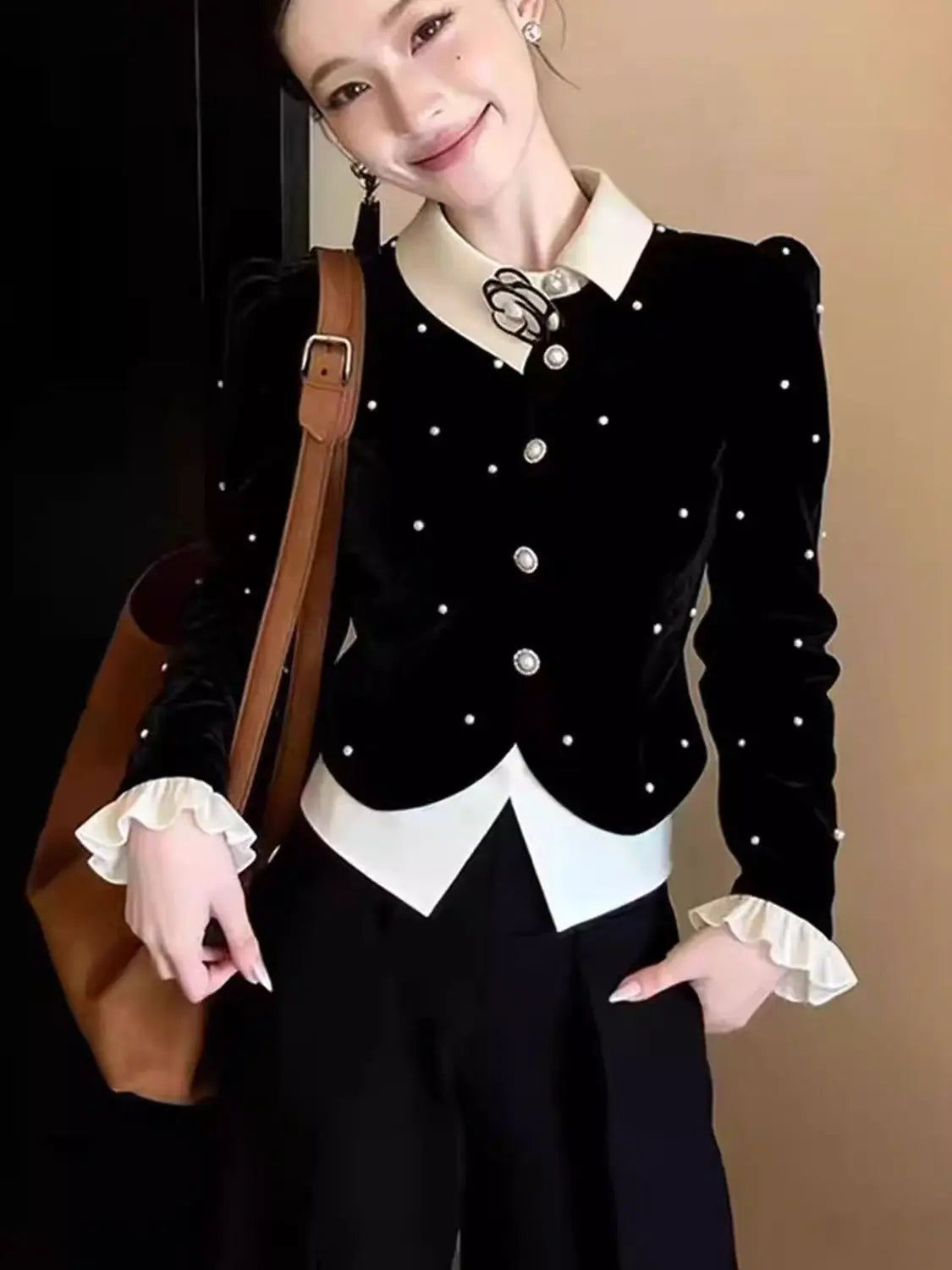 Elegant Single Breasted Long Sleeve Velvet Shirt for Women