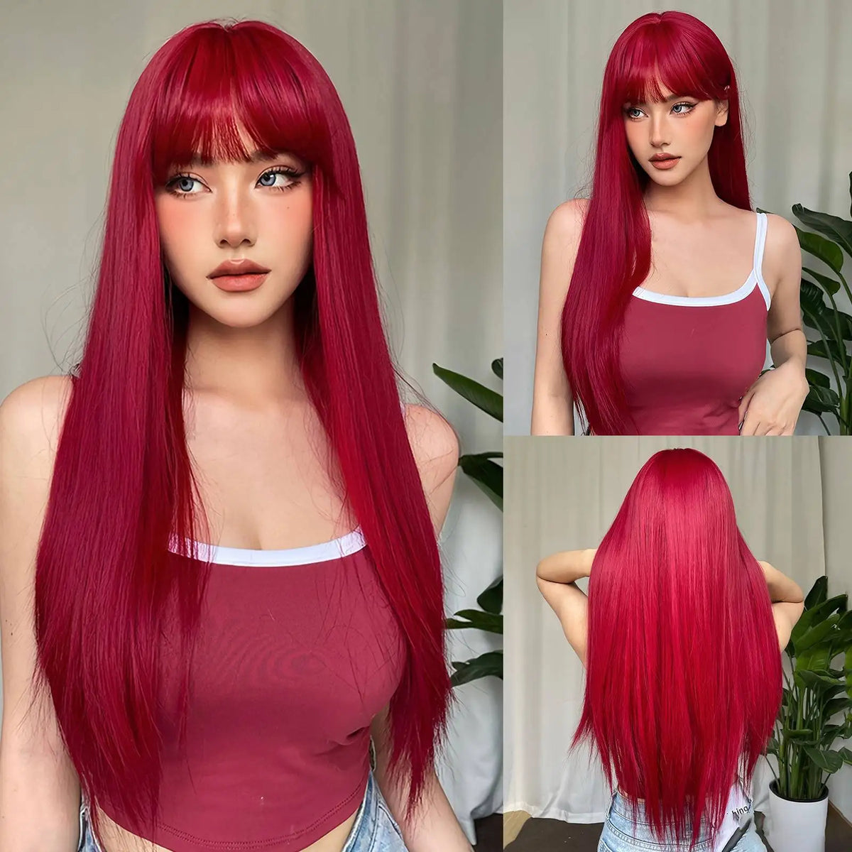 Long Straight Dark Red Cosplay Wig With Bangs for Women