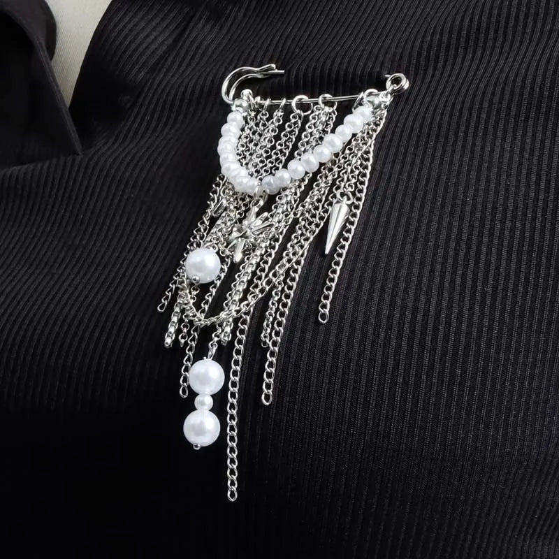 Layered Pearl Heart and Star Tassel Brooch for Women