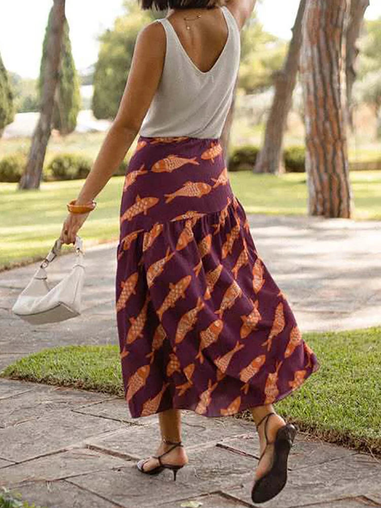 Women Autumn Beach Style Sexy Skirts, 2025 Patchwork Chic Elegant Fashion Skirts, Holiday Simple Retro Print Ladies Maxi Skirts