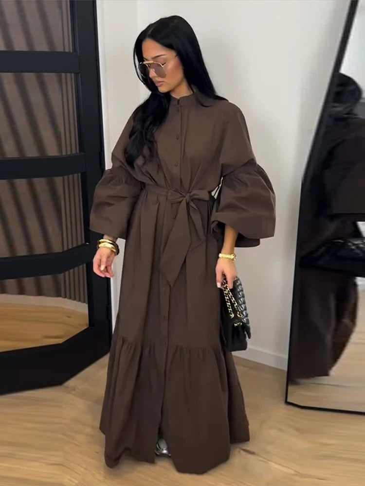 Casual Belted Long Lantern Sleeve Button Dress for Women