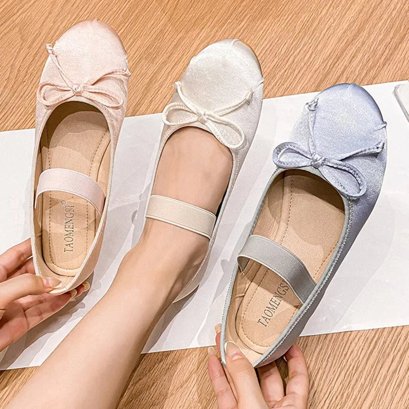 Round Toe Bow Satin Mary Jane Ballet Flats for Women