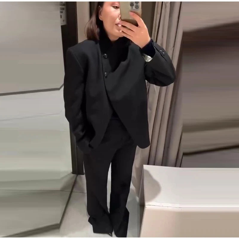 Elegant Stand Collar Coat and Trousers Set for Women