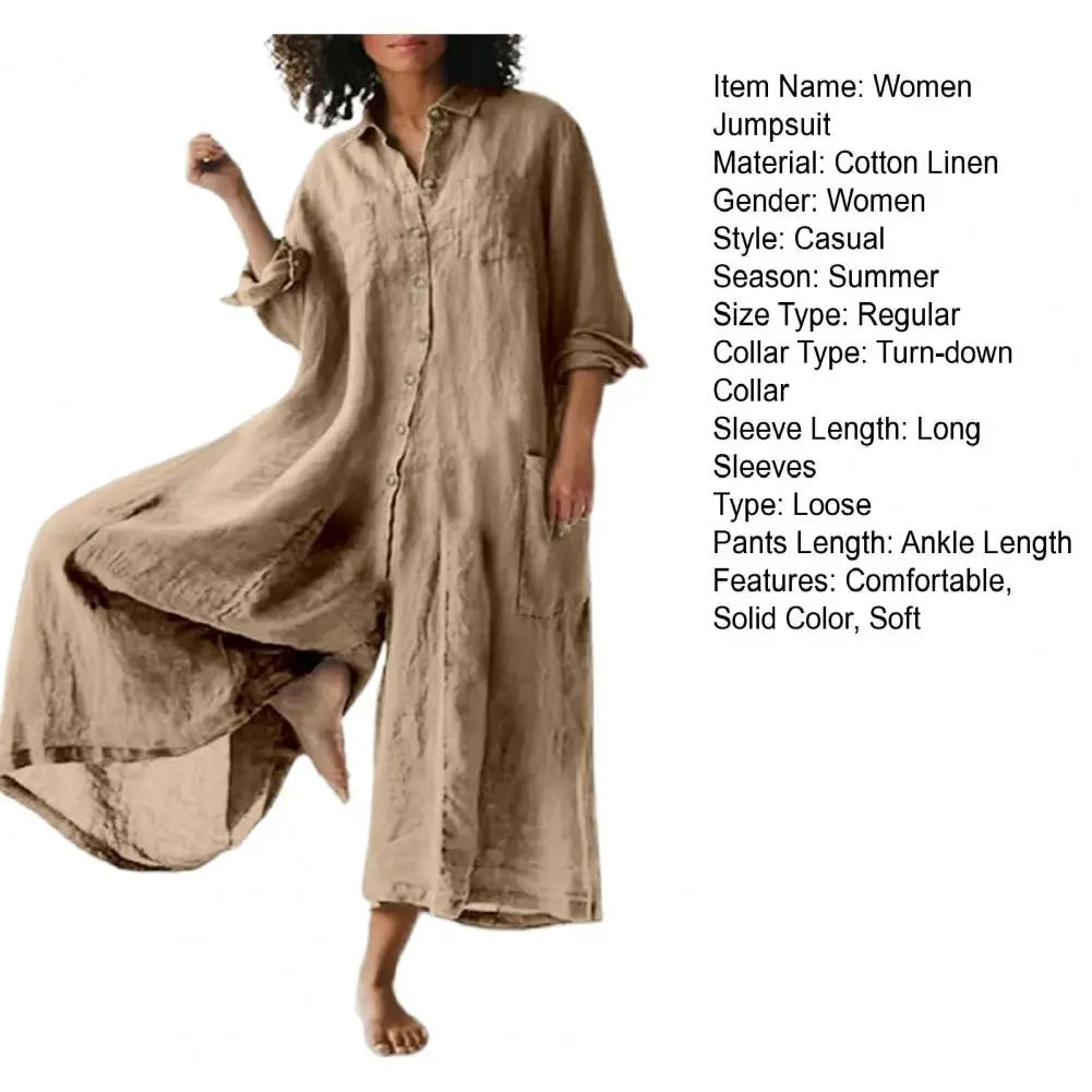 Oversized Cotton Linen Wide Leg Jumpsuit with Pockets for Women