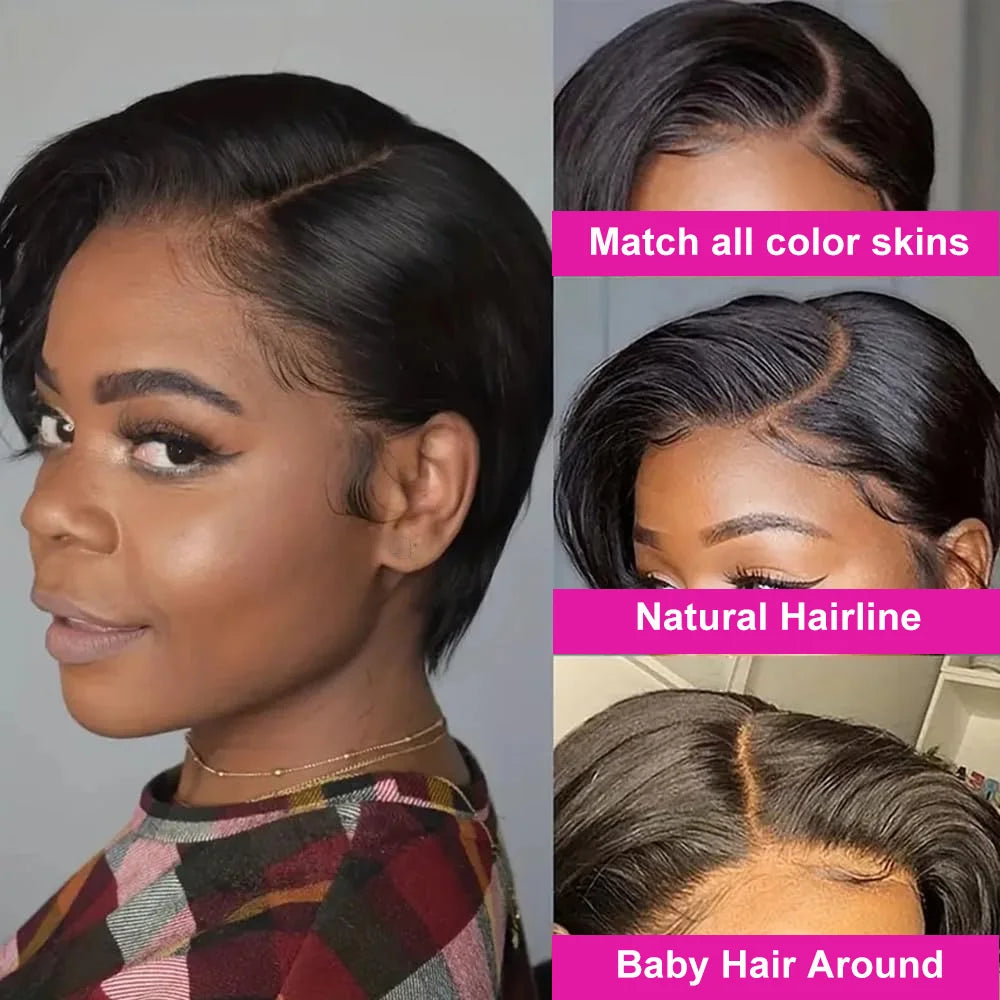 Layered Straight Pixie Cut Human Hair Lace Front Wig for Women