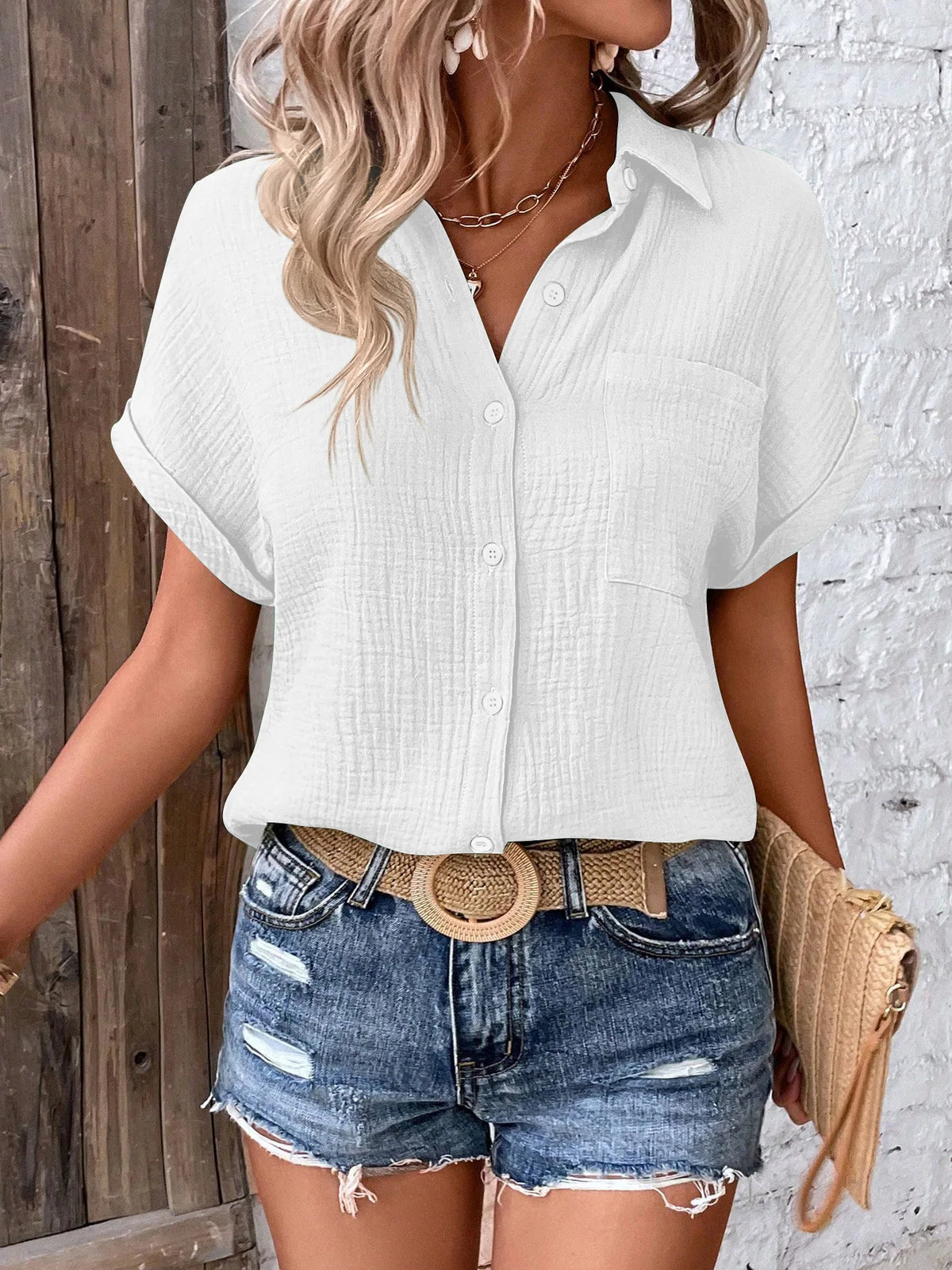 Short Sleeve Cotton Button Down Blouse With Pockets for Women