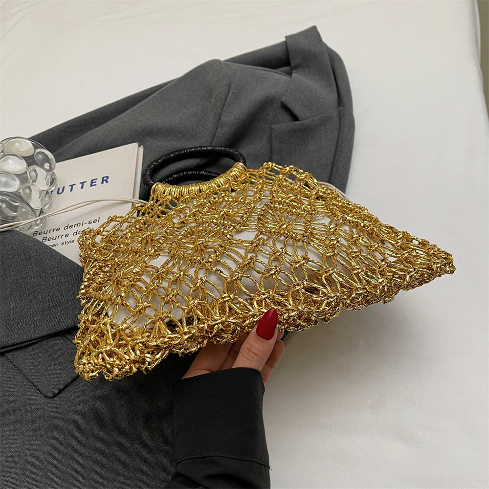 Eco Friendly Woven Round Handle Hollow Out Craft Paper Handbag for Women