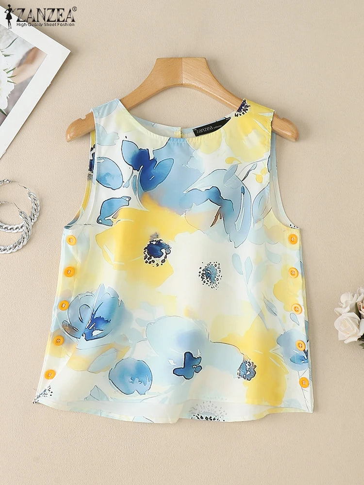 ZANZEA Womens 2025 Summer Casual Floral Printed Tank Tops Fashion O-Neck High-Low Sleeveless T-Shirts Day Wear Simple Camis Tops