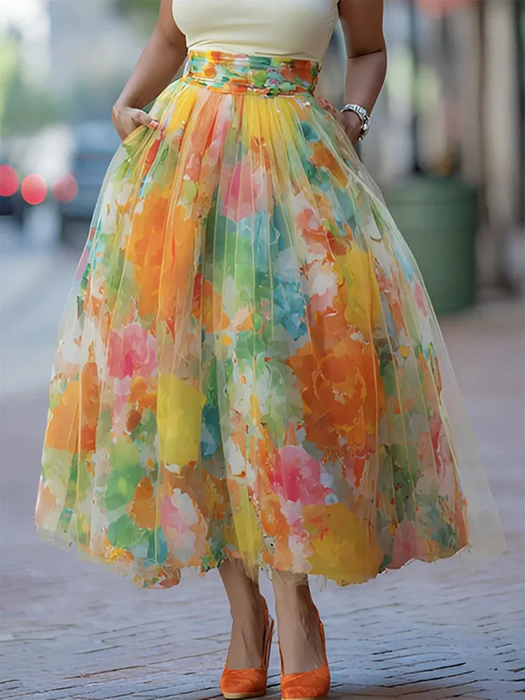 Elegant Patchwork Print Ankle Length Skirt for Women