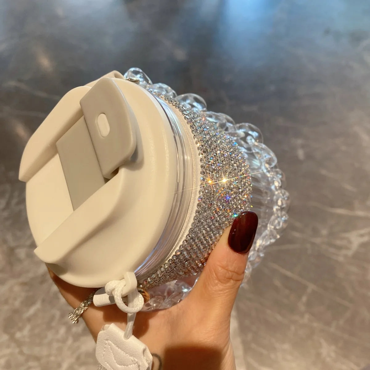 Portable Rhinestone Glass Coffee Cup With Chain for Women