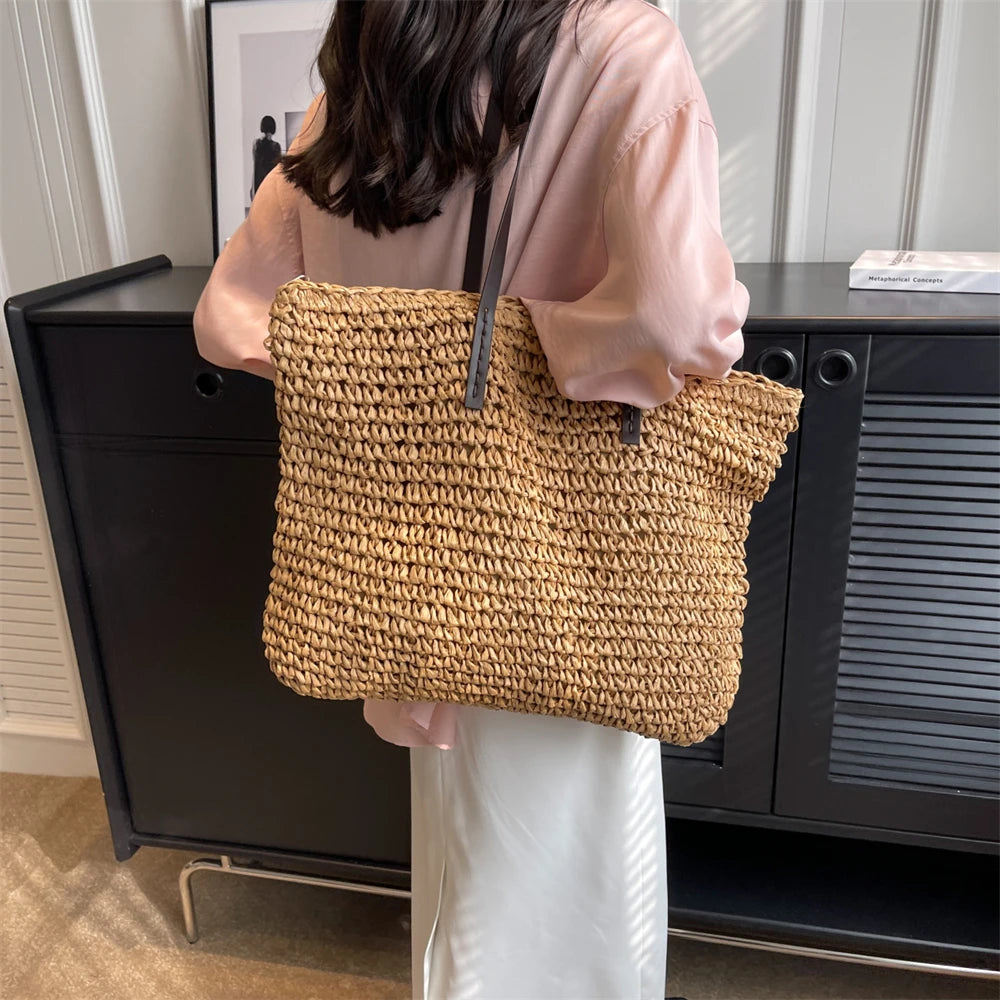 Large Capacity Straw Woven Shoulder Tote Bag for Women
