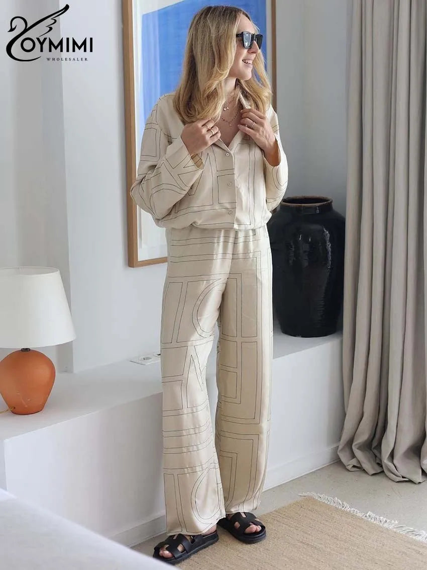 Oymimi Elegant Beige Print Two Piece Set For Women Fashion Long Sleeve Single Breasted Shirts And High Waisred Trousers Sets