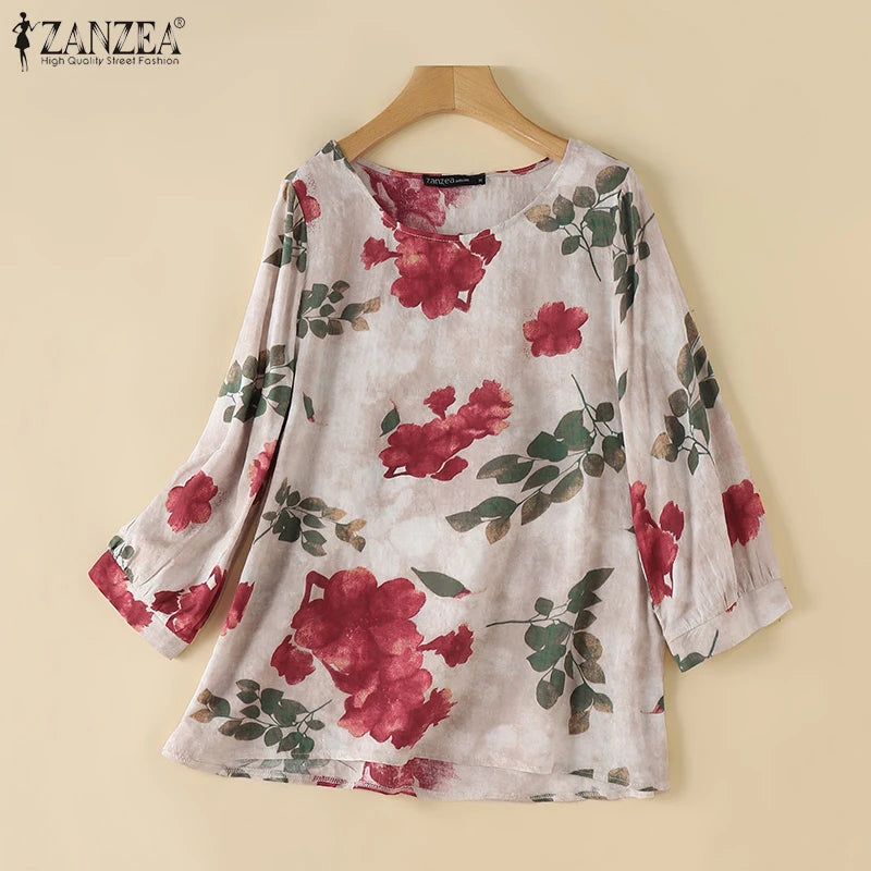 2024 Autumn 3/4 Puff Sleeve Tees ZANZEA Women Round Neck Tops Vintage Ethnic Style T Shirt Holiday Floral Printed Smock Blouse
