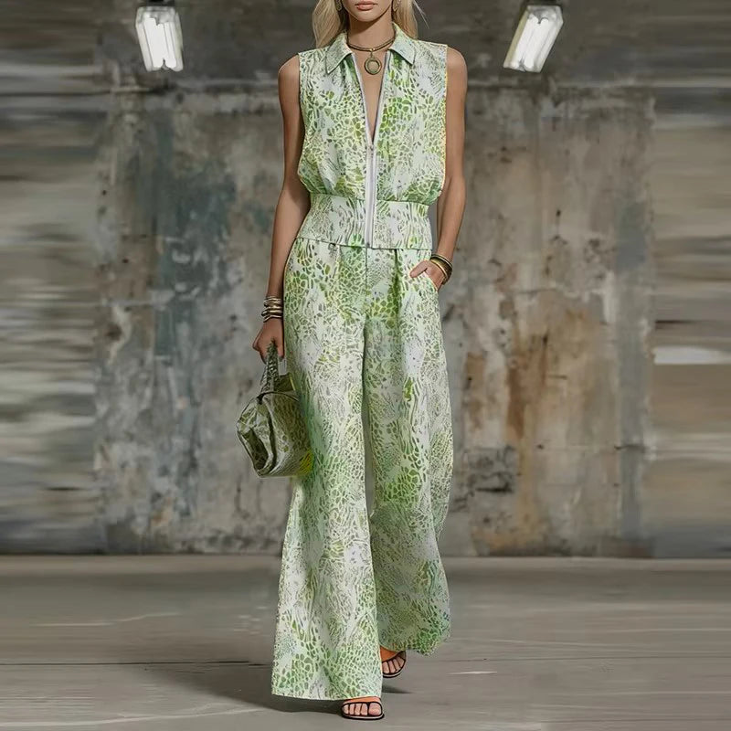 Printed Sleeveless Wide Leg Pants Suit Set for Women