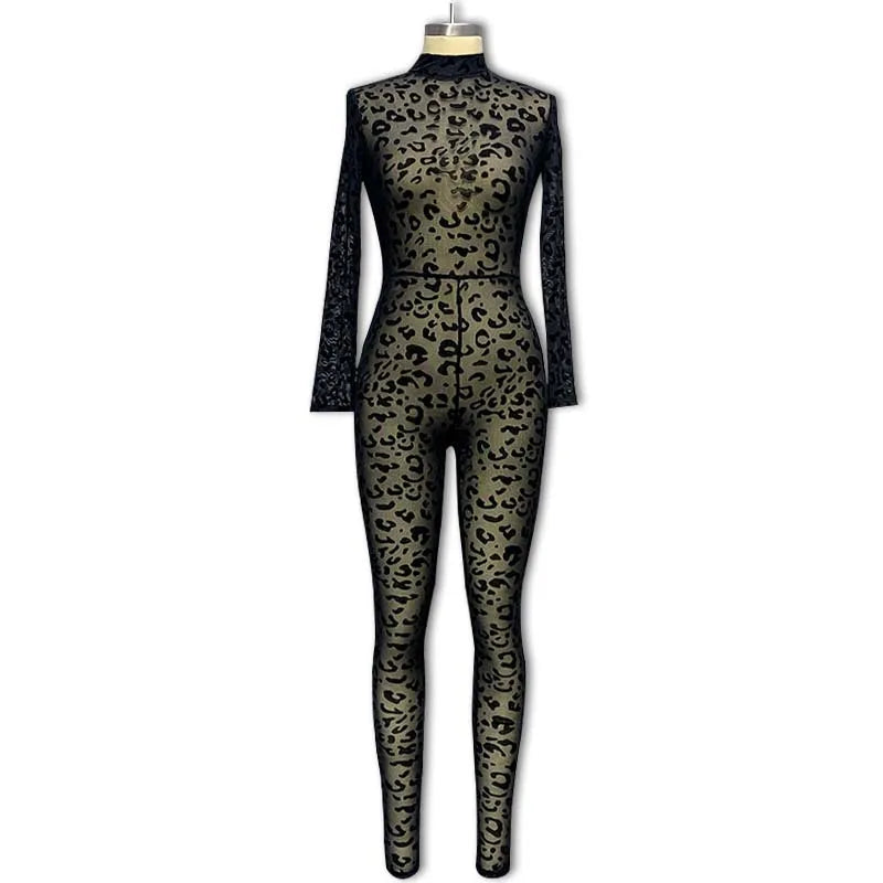 Slim Fit Sheer Leopard Mesh Full Length Jumpsuit for Women
