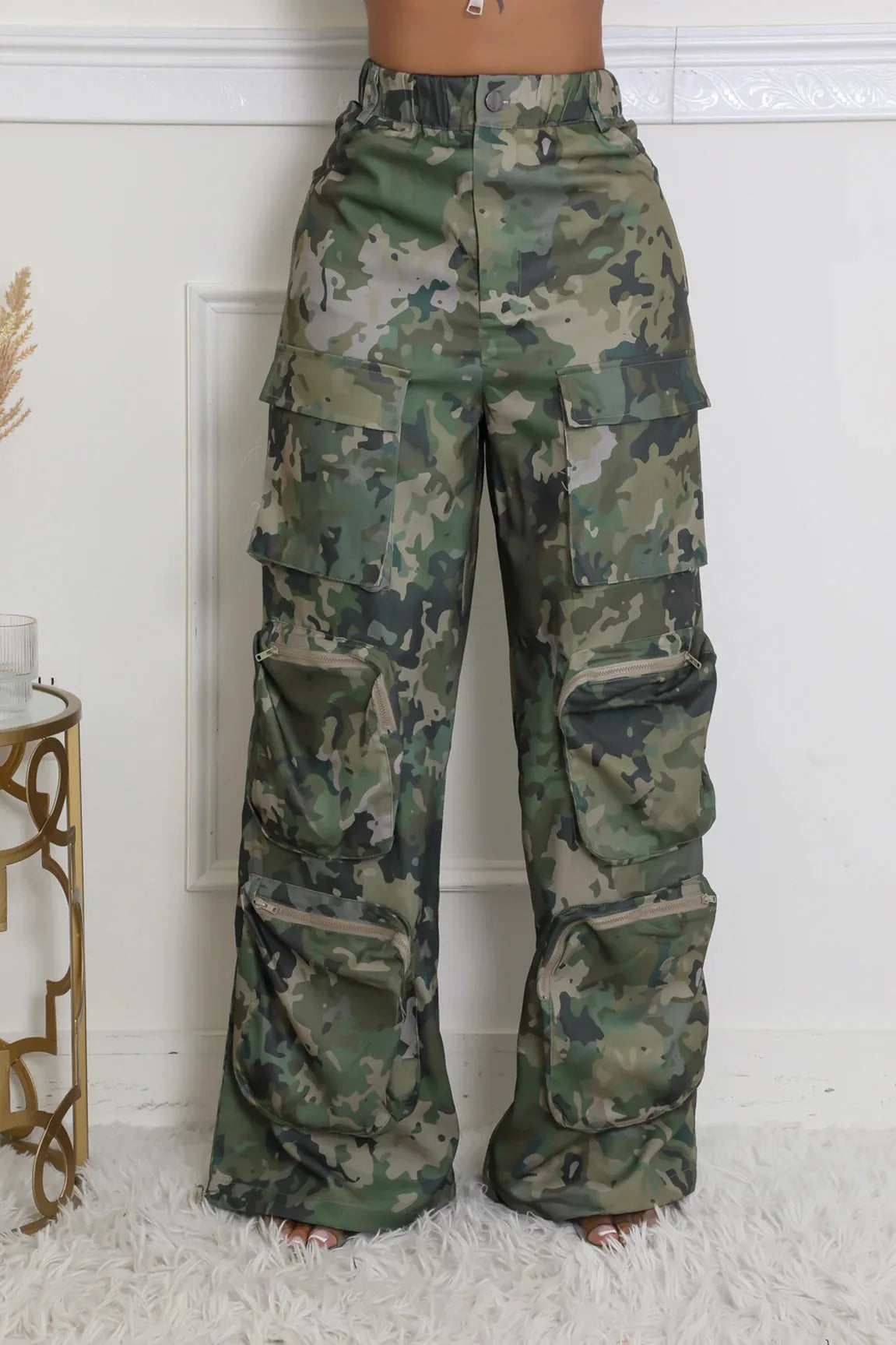 FAGADOER Fashion Camouflage Straight Pants Women Buttons High Waist Cargo Pocket Patchwork Wide Leg Trousers Y2K Streetwear New