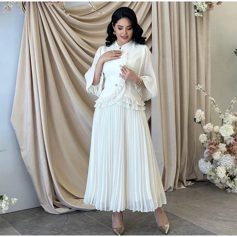 Ruffle Lantern Sleeve Top and Pleated Skirt Set for Women