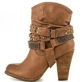 Pleated Mid-Calf Boots With Rivet and Square Heel for Women