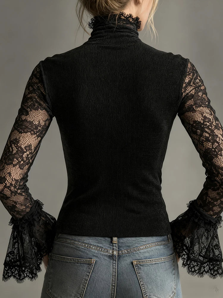 Elegant Turtleneck Sheer Lace Flare Sleeve Blouse for Women
