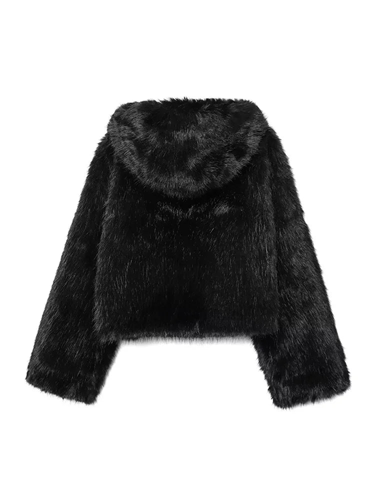 Winter Warm Hooded Faux Fur Long Sleeve Coat with Zipper for Women