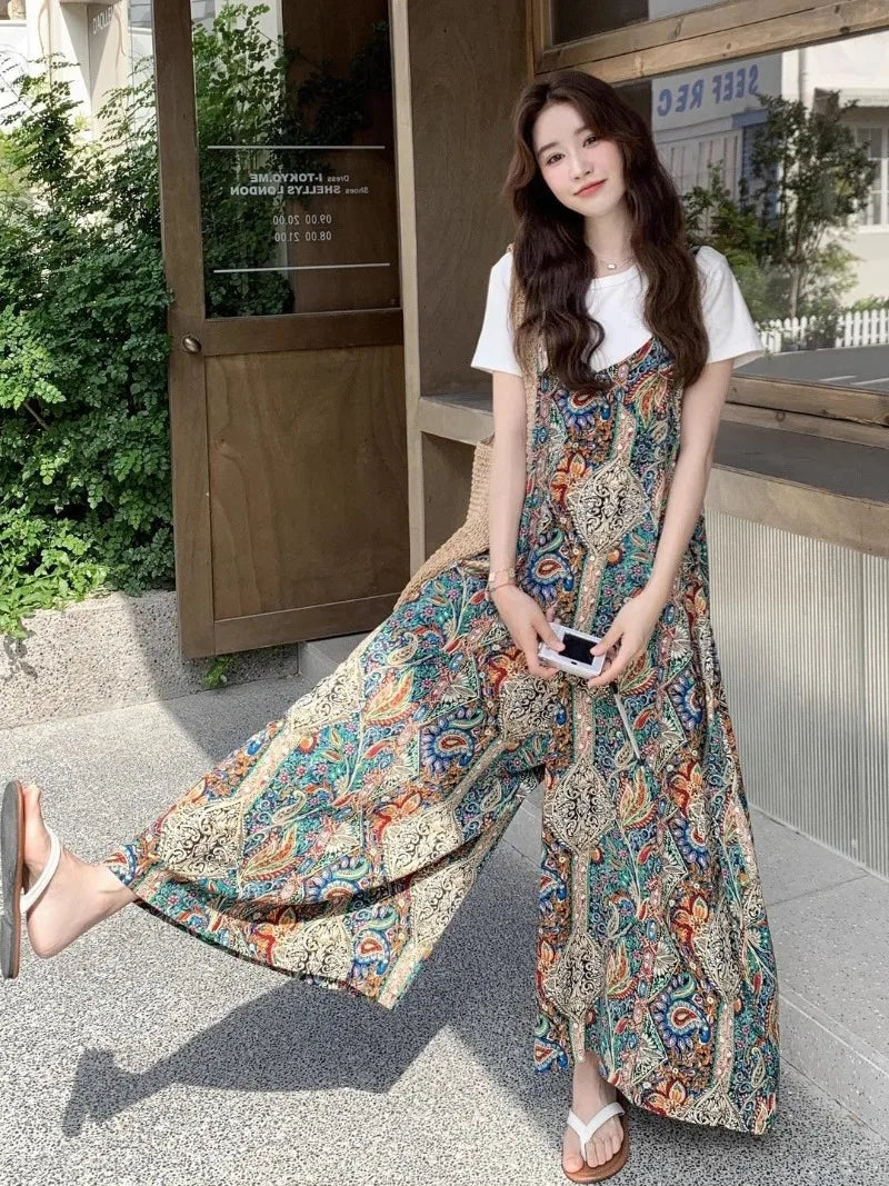 Vintage Bohemian Printed Wide Leg Casual Jumpsuit For Women