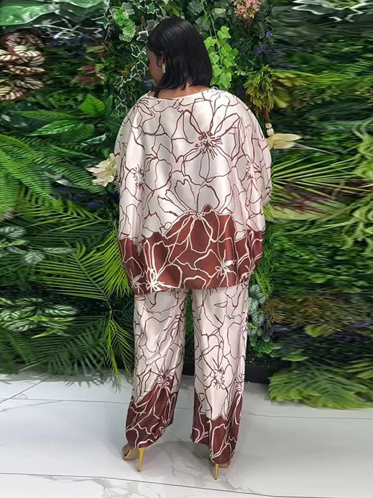 Floral Print Satin Lantern Sleeve Two Piece Set for Women