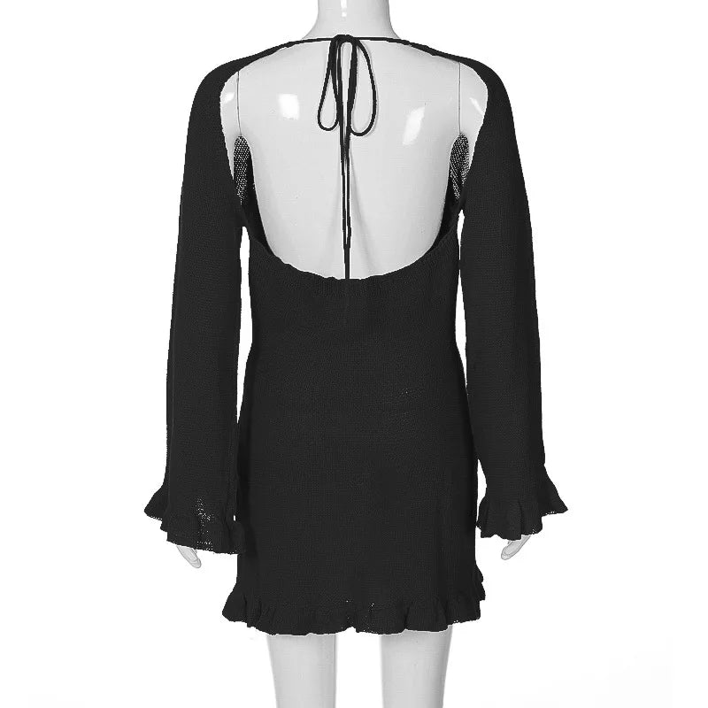 2025 Women Ins Style Sexy Backless Neck-hanging Long Sleeve Fishtail Dress Knit Beachwear Summer Swimsuit Bikini Cover-ups A2825