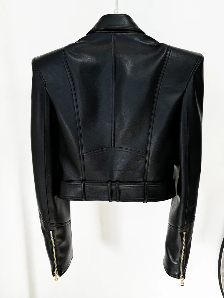 Double Breasted Faux Leather Motorcycle Jacket for Women
