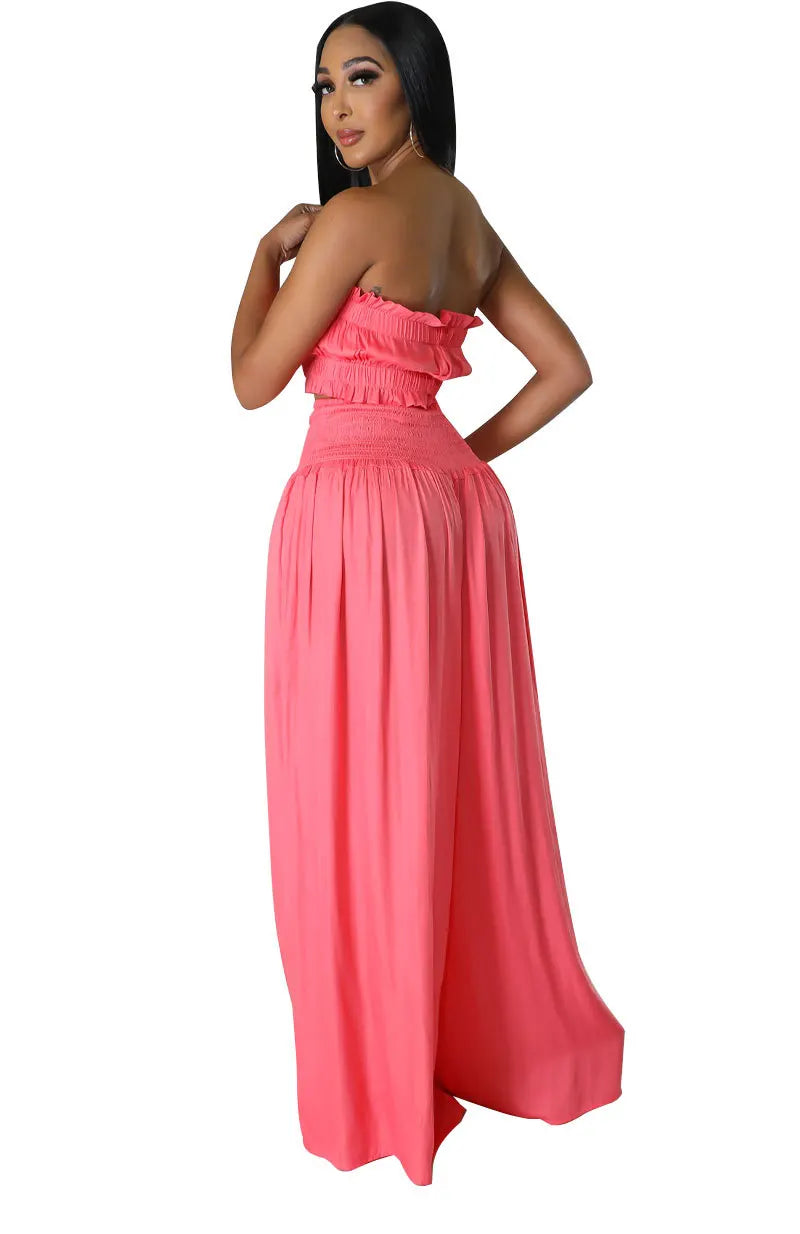 Lace Up Strapless Top Two Piece Pants Set for Women