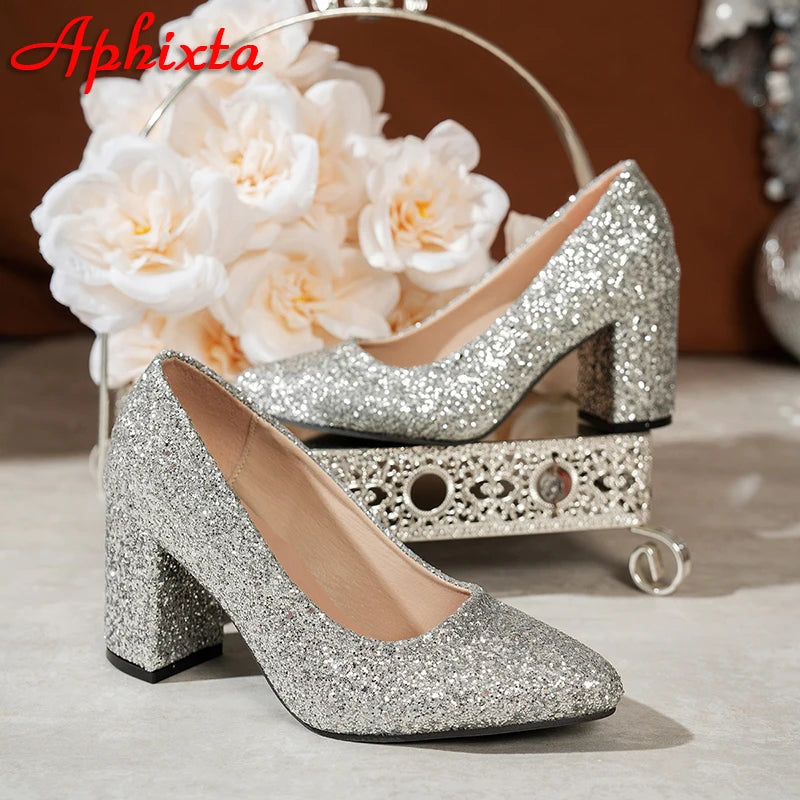 Bling Pointed Toe Square Heel Pumps
