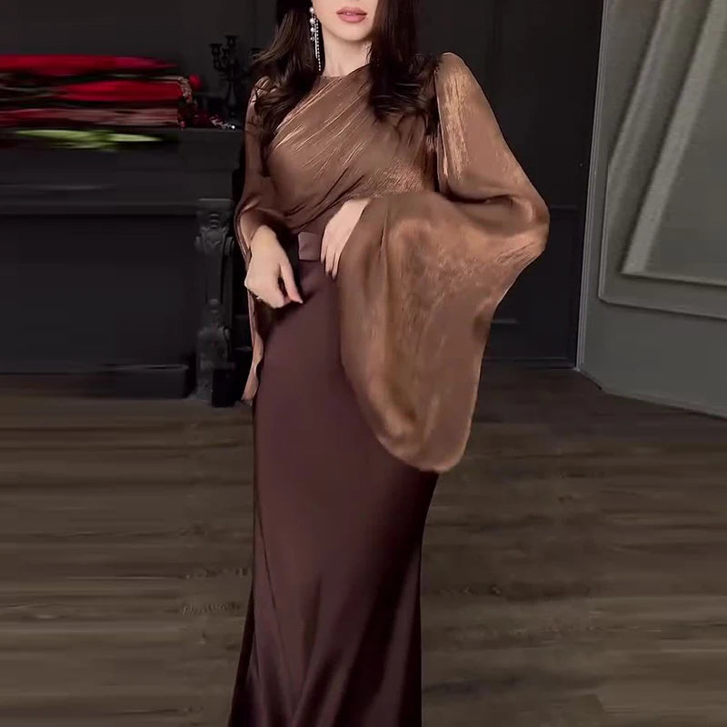 2024 New Women's O-neck Slim Satin Dress Fashion Patchwork High Waist Evening Dress Fall Elegant Solid Color Party Long Dresses