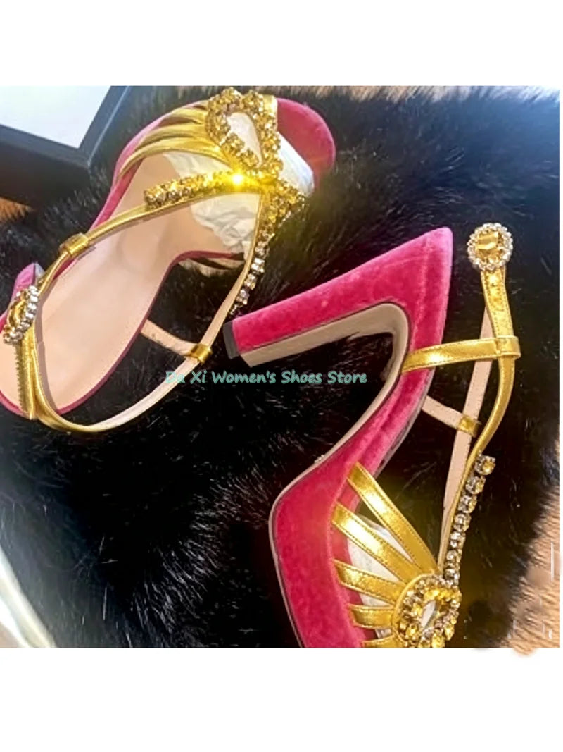 Rhinestone Bow Open Toe Velvet Stilettos for Women