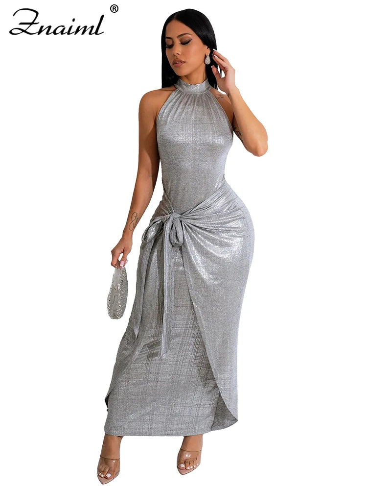 Znaiml Sexy Night Club Women Silver O-neck Sleeveless Bandage Belt Long Dress Elegant Birthday Party Evening Bodycon Vestidos
