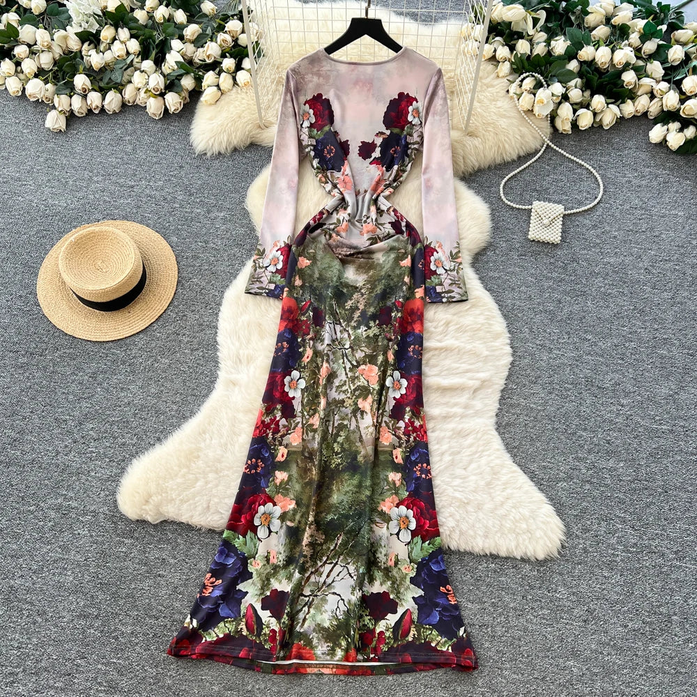 Vintage Floral Print Long Sleeve Maxi Dress for Women