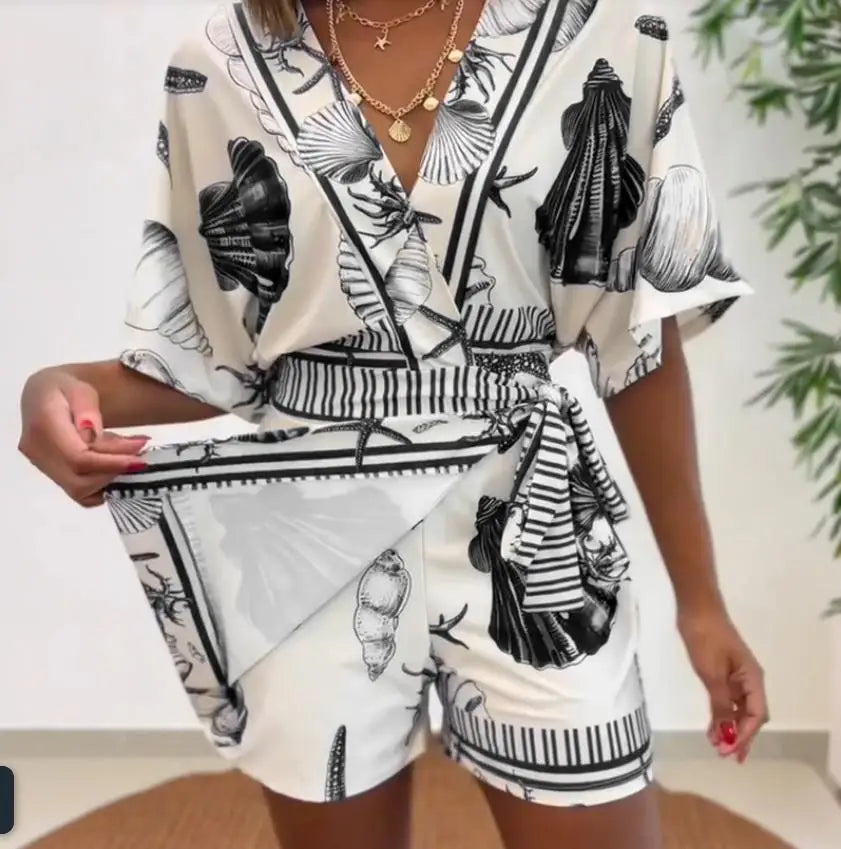 Seashell Starfish Print Wrap V Neck Short Sleeve Lace Up Romper for Women