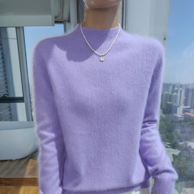 Loose Cashmere Knit Half High Neck Pullover Sweater for Women