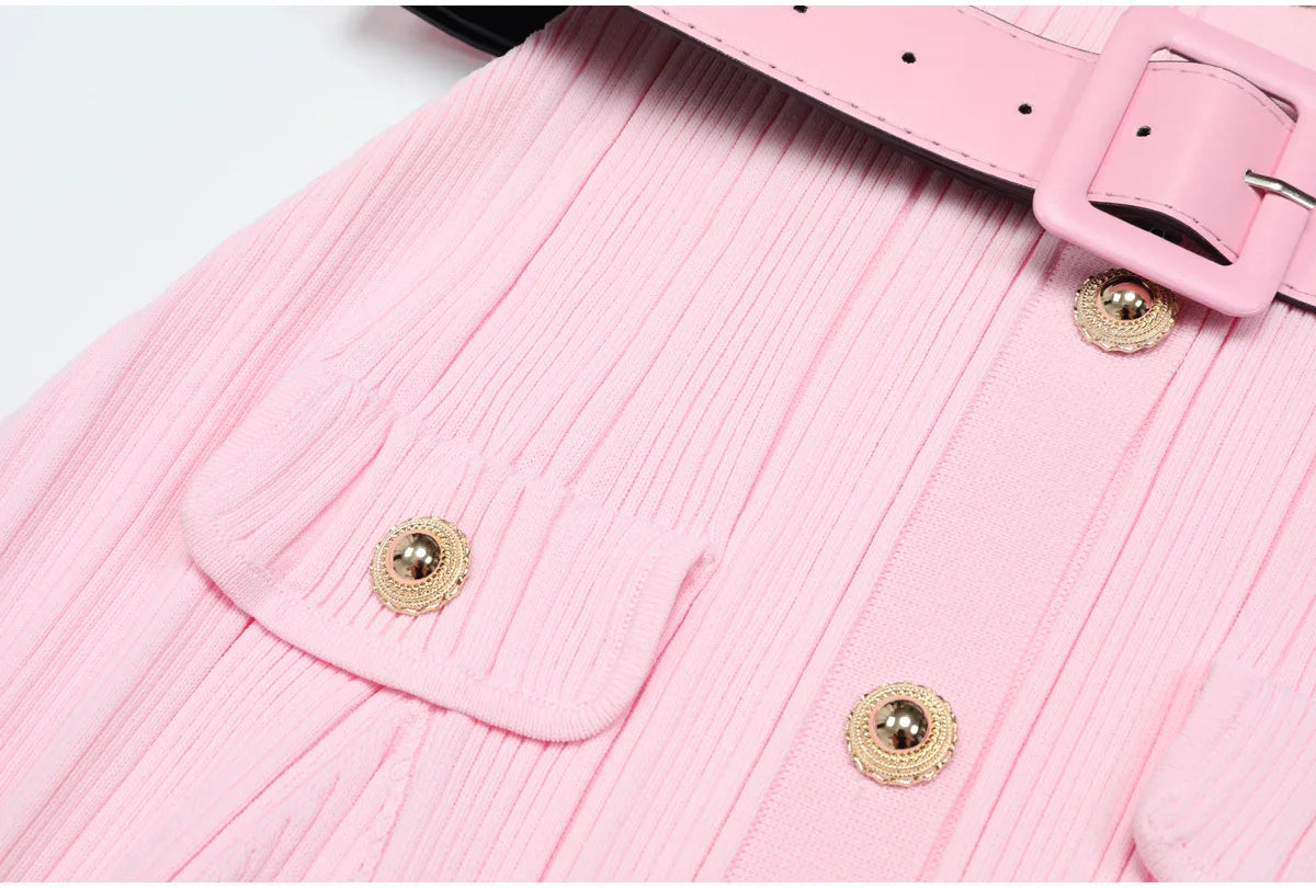 High-end Fashion Cropped Knit Dress New Autumn 2026 Women Short Sleeve High-waisted Belted Slim-fit Elegant Short Dresses