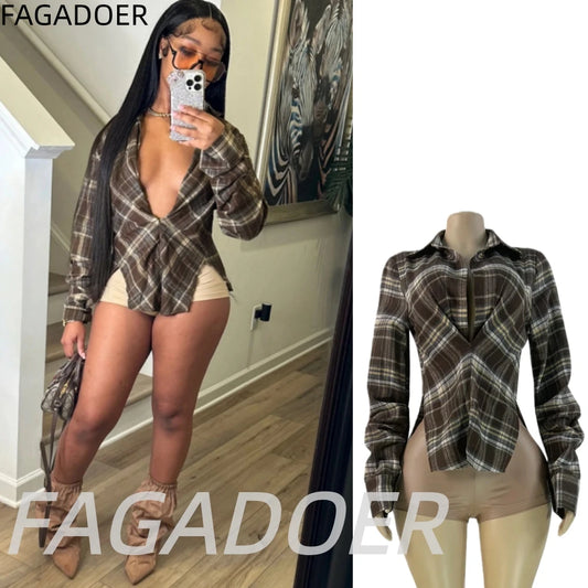 Checkered Patchwork V Neck Streetwear T Shirt for Women