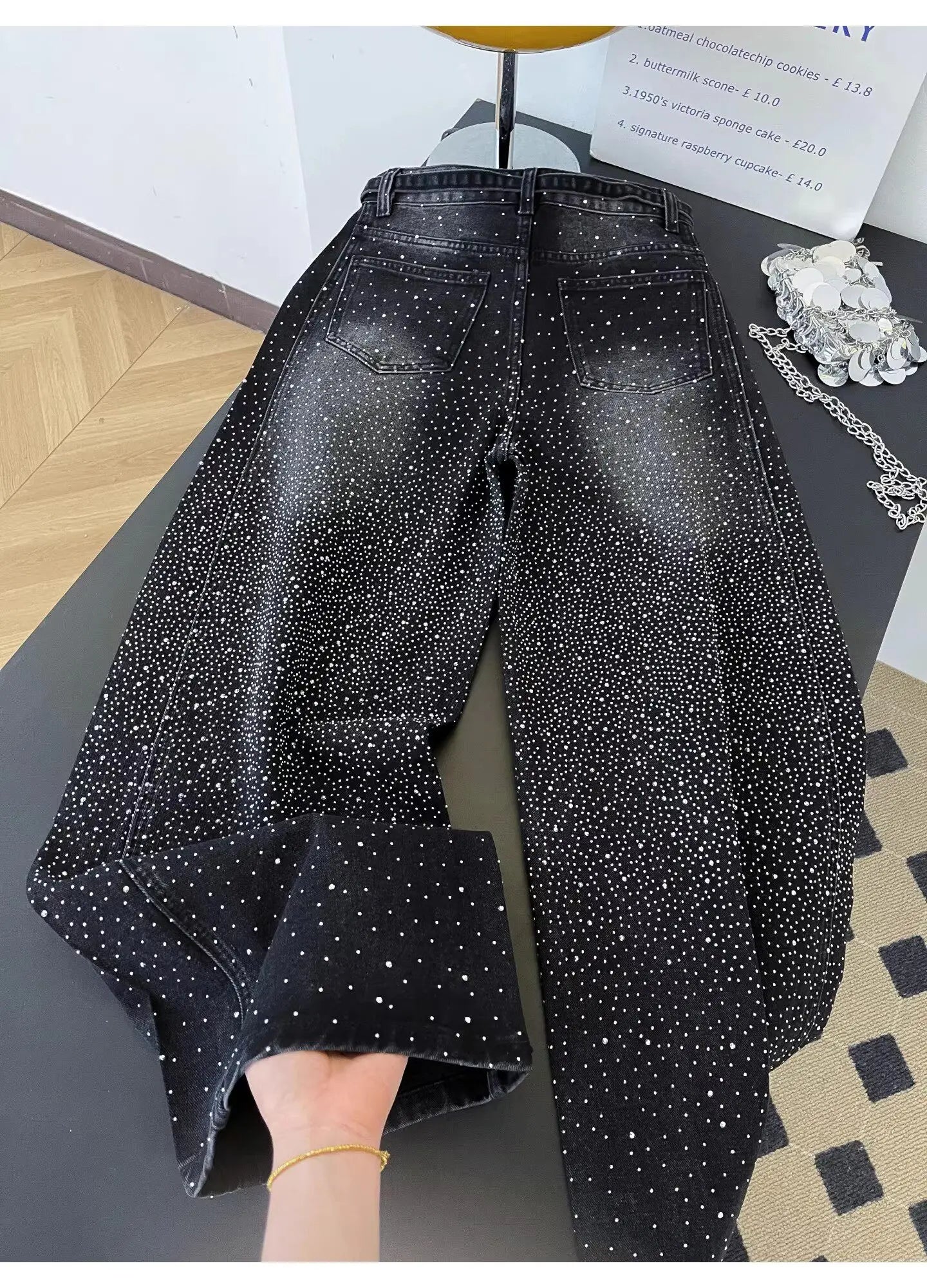 Glittering Rhinestone Wide Leg Denim Pants for Women