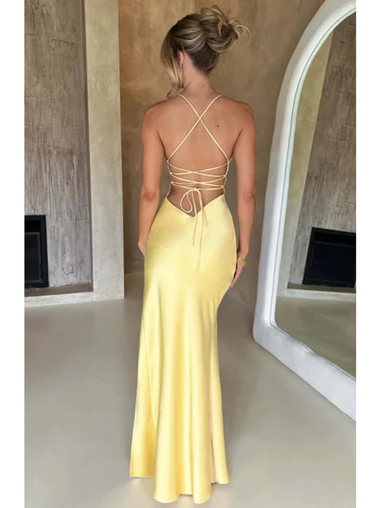 Elegant Backless Satin Maxi Dress With Lace Up For Women