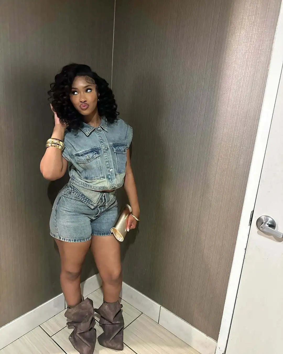 Joskaa Patchwork Stretch Denim 2 Piece Sets Women Lapel Button Pocket Tank Tops and Irregular Shorts Matching 2025 Streetwear