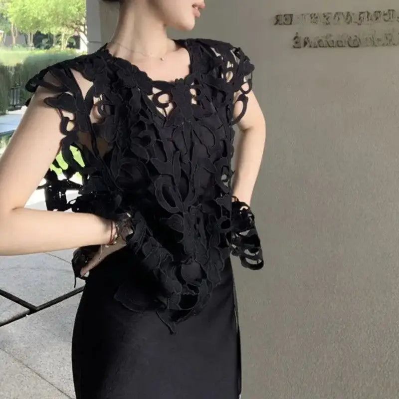 Embroidered Lace Loose Sleeveless Blouse for Women