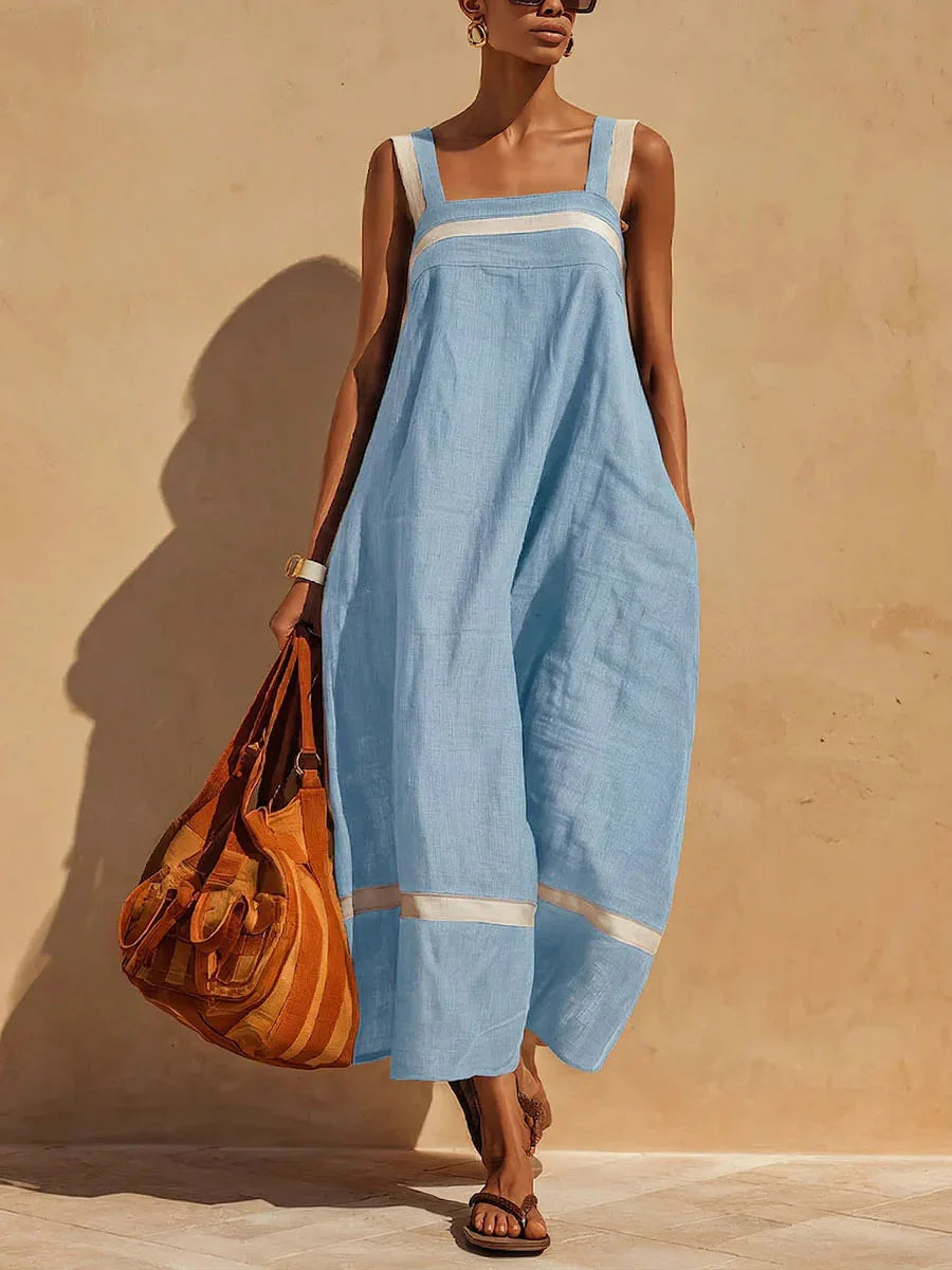Contrasting Color Stripe Square Neck Spaghetti Strap Pocket Dress for Women