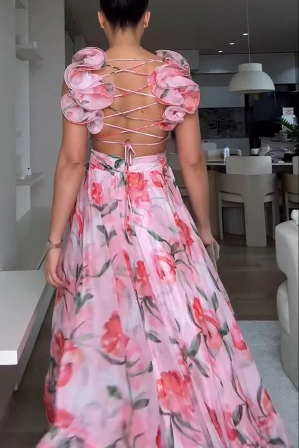 2025 Sexy Printed Chiffon Long Dress Summer Fashion Elegant V Neck Ruffles Edge Slim Vacation Sleeveless Backless Party Dresses