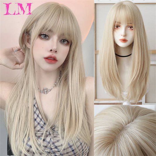 Light Blonde Water Wave Long Wig With Bangs For Women