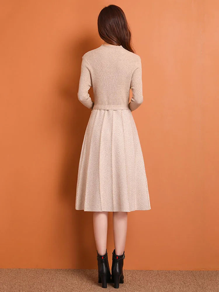 Knit Midi Dress Belted Stripe Pattern With Slim Fit And Flattering Cut Elegant Modern Minimalist Style
