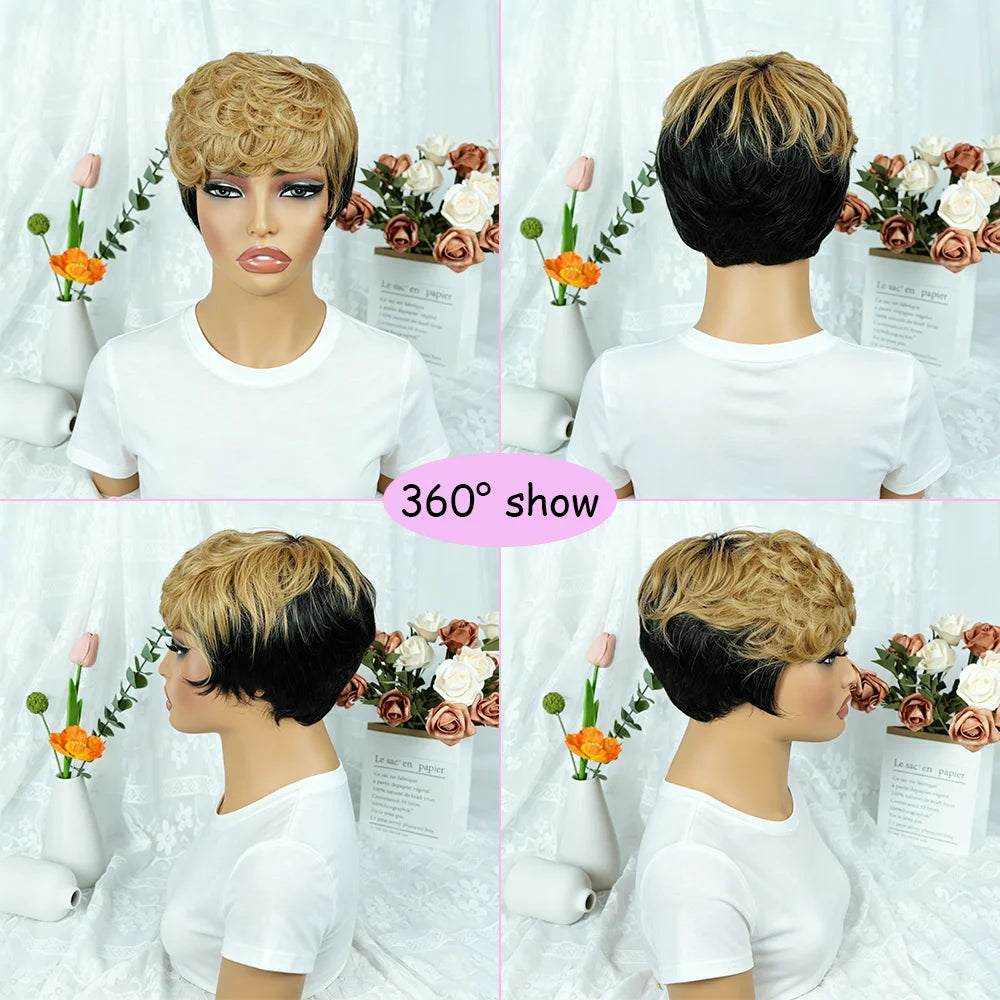 Kinky Curly Bob Wig With Bangs Black Champagne Human Hair For Women