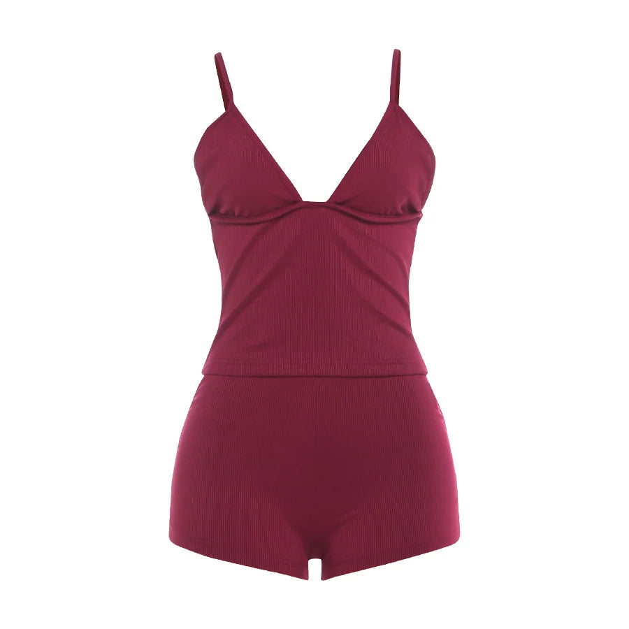 Ribbed Backless Casual Two Piece Shorts Set for Women