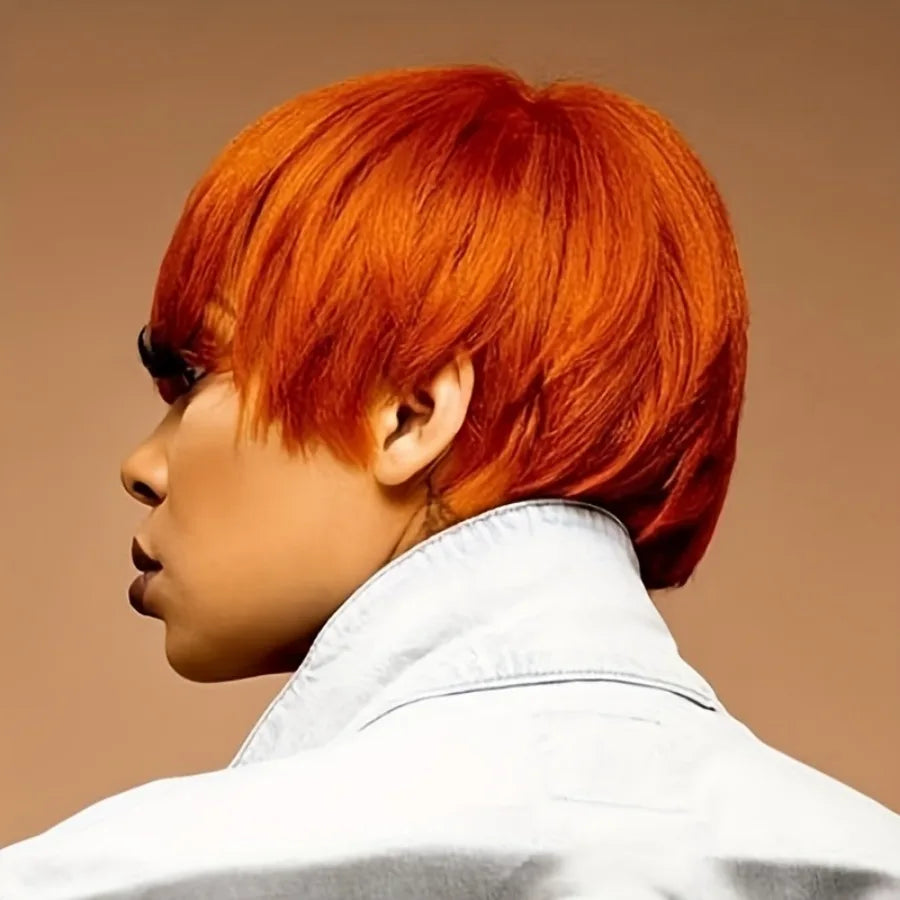 Short Orange Pixie Cut Human Hair Wig With Bangs For Women