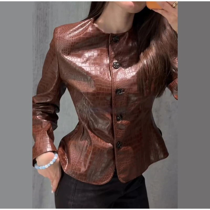 Slim Fit Single Breasted Faux Leather Jacket for Women